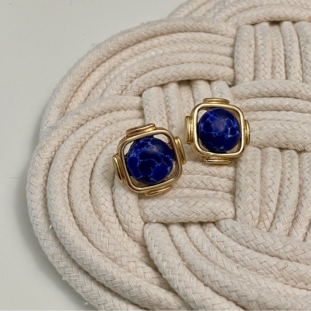 Vintage Retro Square Gold Blue Stone Earrings